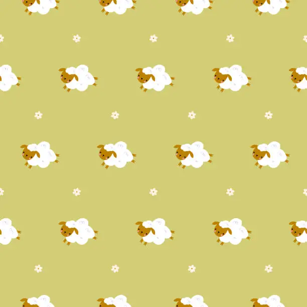Vector illustration of Pattern  with a sheep and flowers on a green meadow.