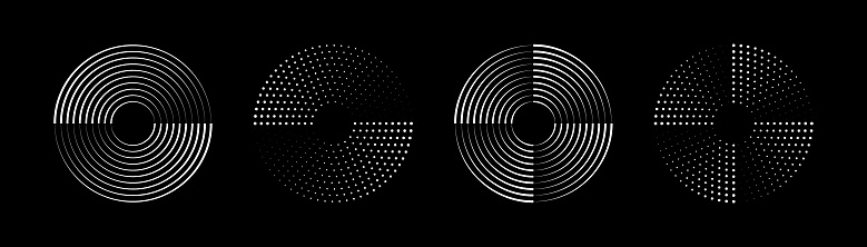 Set of speed lines in circle form. Halftone dotted speed lines. Abstract geometric circles with rotating radial lines. Design element for logo, prints, template or posters. Vector illustration.