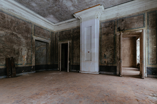 Old majestic abandoned historical mansion Pertovo-Dalnee, Moscow region, inside view.