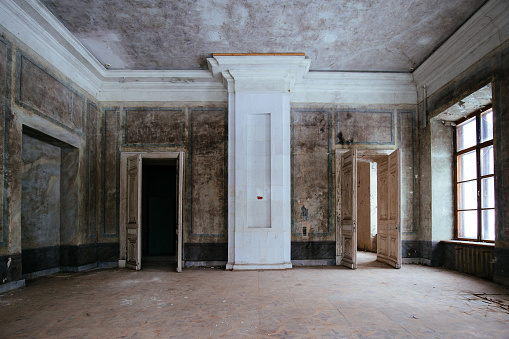 Old majestic abandoned historical mansion Pertovo-Dalnee, Moscow region, inside view.