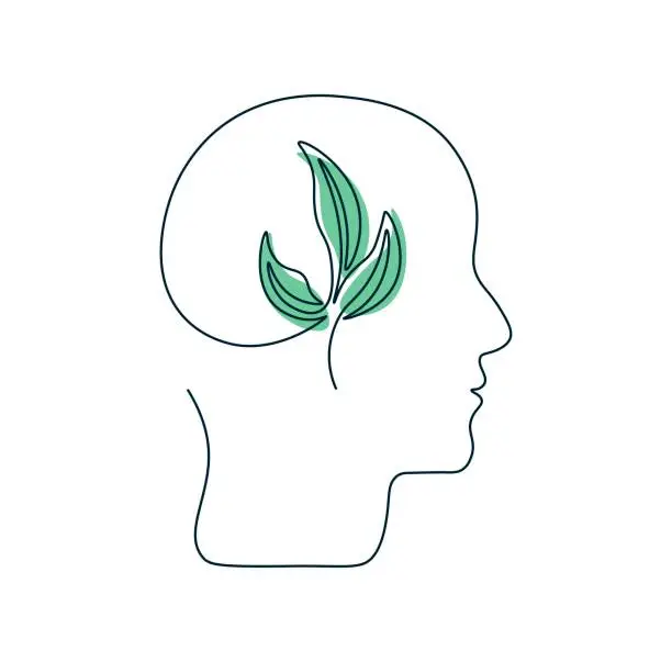 Vector illustration of One line drawing human head with growing plant inside. Mental health concept in single continuous line. Positive thinking. Psychological growth. Taking care yourself. Simple vector linear icon.