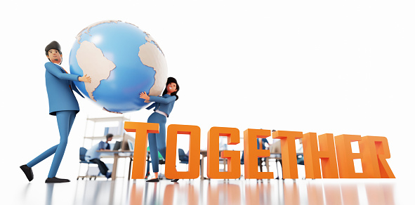 Business people holding up big globe, stay next to TOGETHER word, blur of business people walking at the background and copy space at white. 3D rendering