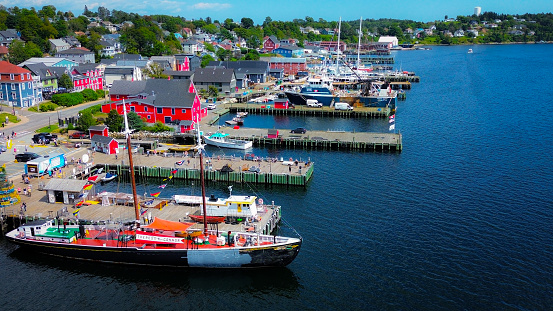 Portland, Maine, USA coastal townscape on Portland Harbor.