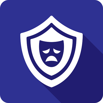 Vector illustration of a shield with drama mask icon against a blue background in flat style.
