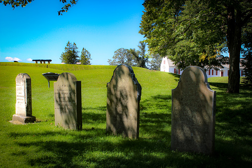 Annapolis Royal, Nova Scotia, Canada - August 2023: View on graves in front of Fort Anne in Annapolis Royal, formerly known as Port Royal, it has one of the oldest histories in North America. It was also Acadia's (and Nova Scotia's) capital. It is a National Historic Site of Canada.