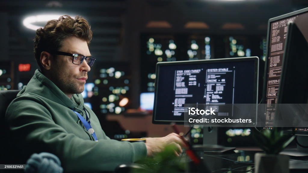 It Programer Working Keyboard Desktop Computer Data Center Control Room ...