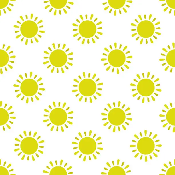 Vector illustration of Small yellow suns isolated on a white background. Cute sunny seamless pattern. Vector simple flat graphic illustration. Texture.