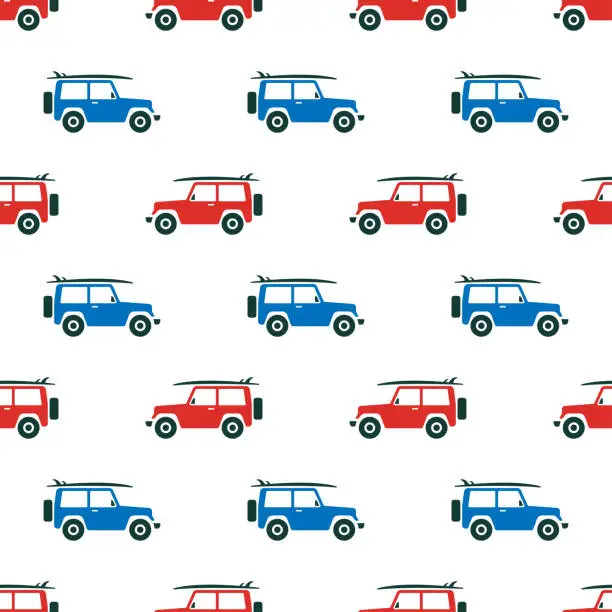Vector illustration of Small multi-colored SUVs with a surfboard isolated on a white background. Seamless pattern. Vector simple flat graphic illustration. Texture.