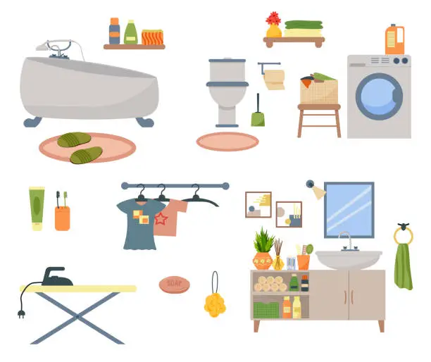 Vector illustration of Designer of objects for the bathroom and laundry. A set of personal care items. Cabinet with sink and mirror. Washing machine, cabinet with sink and mirror, hanger with clothes. Ironing board and iron.