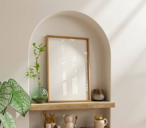 istock Poster mockup with vertical wooden frame in home interior background 2100358031