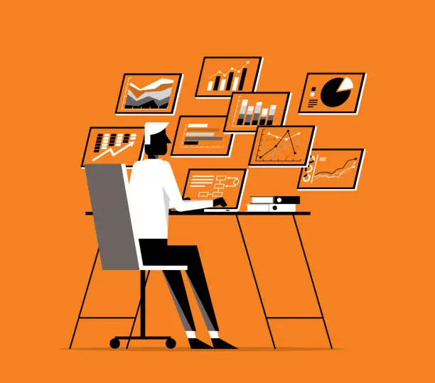 Vector illustration of Busy businessman working - Using Laptop