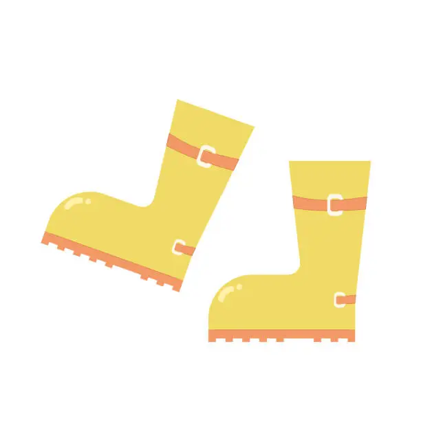 Vector illustration of Yellow rubber boots. Pair of waterproof shoes for rainy weather. Spring elements set isolated on white background. Vector flat illustration