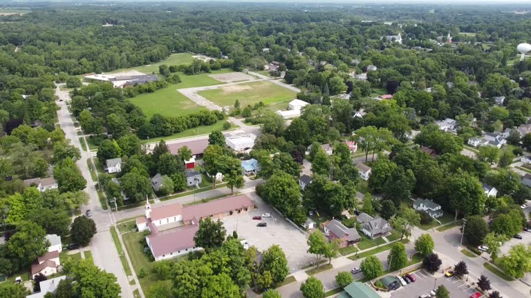 Fremont Michigan drone aerial footage downtown of buildings cityscape