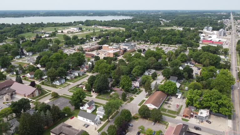 Fremont Michigan drone aerial footage downtown of buildings cityscape