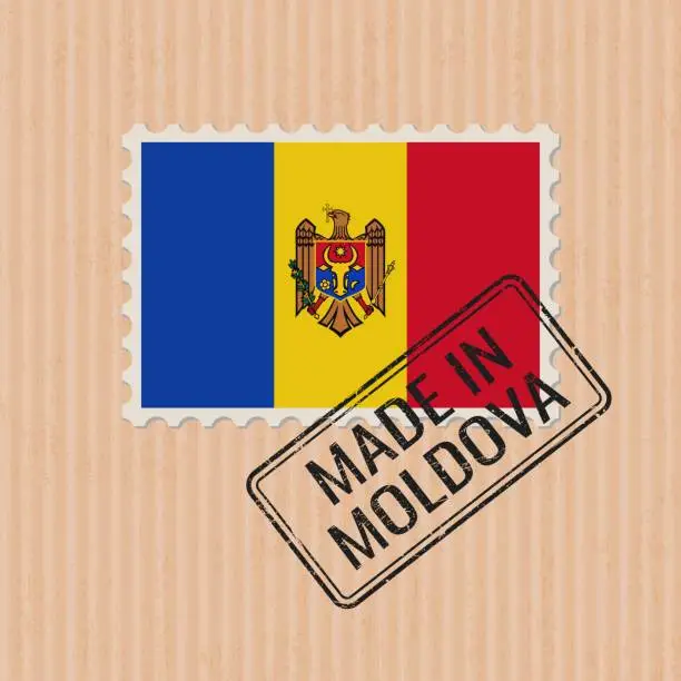 Vector illustration of Made in Moldova badge vector. Sticker with Moldovan national flag. Ink stamp isolated on paper background.