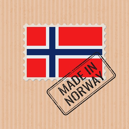 Made in Norway badge vector. Sticker with Norwegian national flag. Ink stamp isolated on paper background.