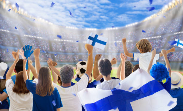 istock Finland football team supporter on stadium. 2100488614