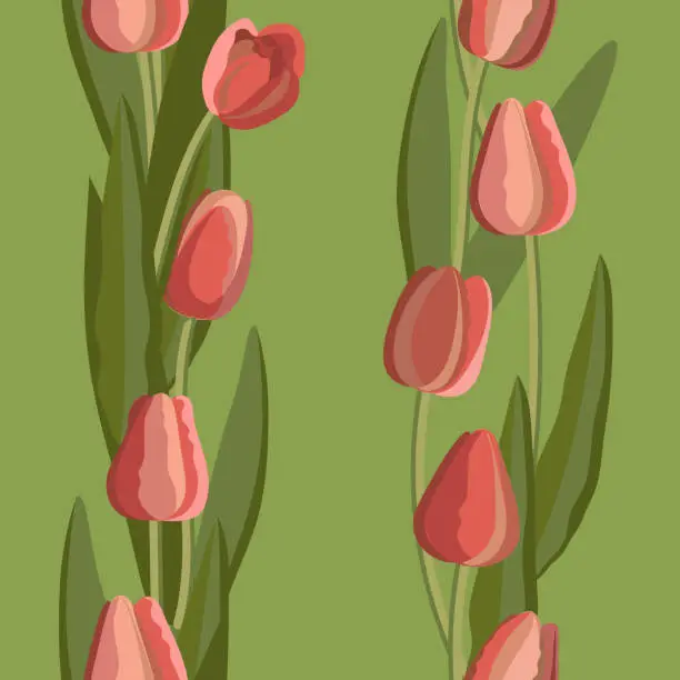 Vector illustration of Vintage tulip seamless pattern of bright flowers and leaves. Vector.