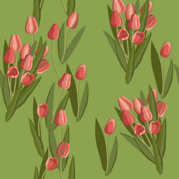 Vector illustration of Vintage tulip seamless pattern of bright flowers and leaves. Vector.