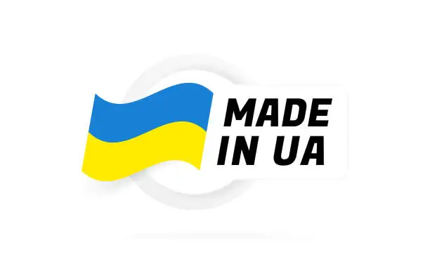 Vector illustration of Made in Ukraine badge design. Label with UA flag. The mark of the manufacture country. Emblem for product. Vector illustration