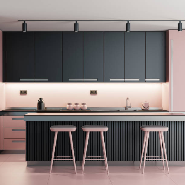 istock Luxury Black Modern minimalist kitchen on two walls. Dark materials. 2100497160