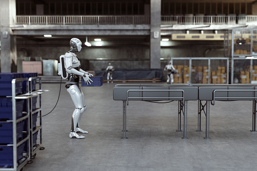3d render of an artificial general intelligence (AGI) humanoid robot performing tasks in a warehouse.