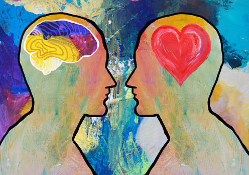 Two people profile view with heart and brain. Concept of Mental Health.