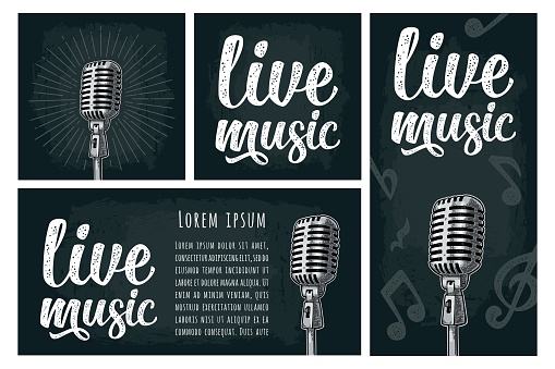 Calligraphic handwriting lettering live music. Microphone with rays. Vintage vector color engraving illustration. Isolated on dark background. Template for poster, flyer, web