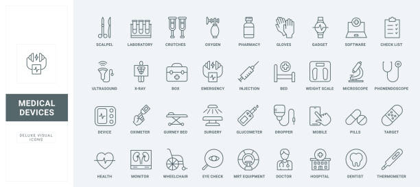 illustrazioni stock, clip art, cartoni animati e icone di tendenza di medical devices and hospital equipment line icons set, wheelchair and bed for patient - medical equipment machine medical oxygen equipment medical technical equipment