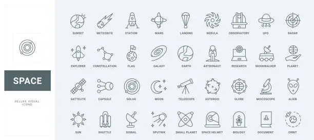 Vector illustration of Space research thin black and red line icons set, interstellar mission and shuttle