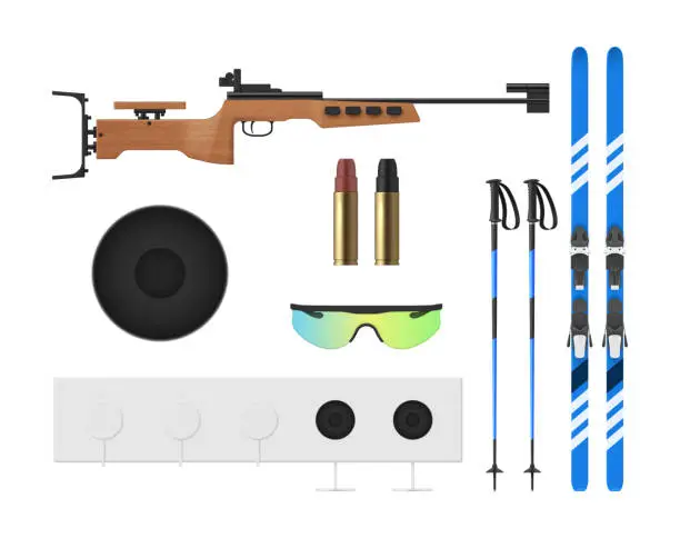 Vector illustration of Biathlon sport equipment rifle with target and ski set realistic vector illustration