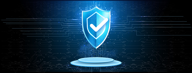 Futuristic Digital Security Shield, Glowing Verification Checkmark, Cyber Protection Technology - Enhance Your System’s Safety	..