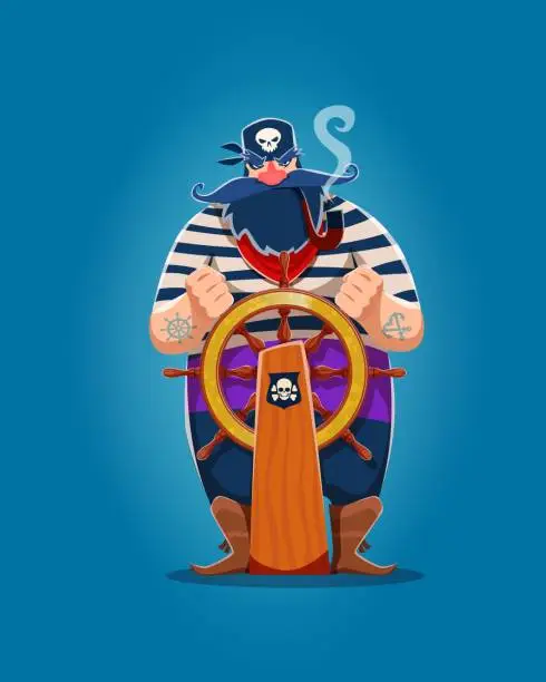 Vector illustration of Cartoon pirate with steering wheel, smoking pipe