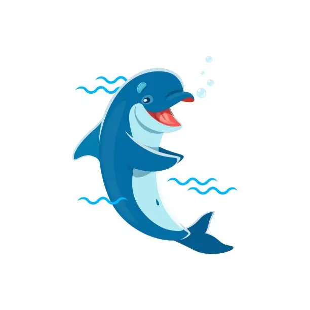 Vector illustration of Cartoon dolphin character playing in blue waves