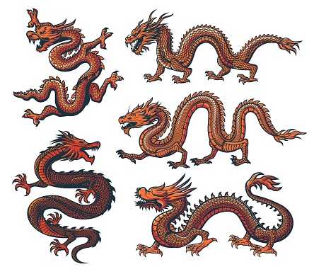 Asian dragon, China zodiac or Chinese and Japanese oriental culture monster, vector animal. Asian dragons for Chinese lunar new year festival and prosperity symbol or tattoo of oriental flaying dragon