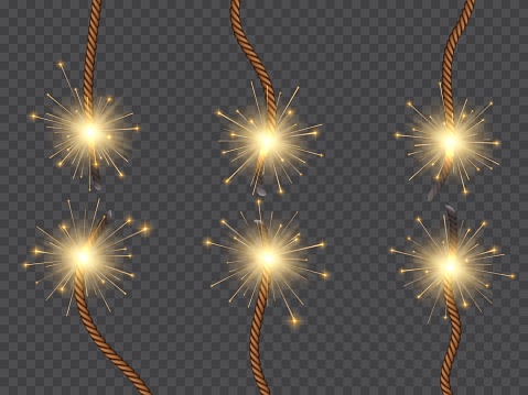 Bomb burning wicks or dynamite fuses with fire flame lit, isolated vector on transparent background. Firework or firecracker ignition ropes with sparks, TNT explosive detonator wicks or dynamite fuses