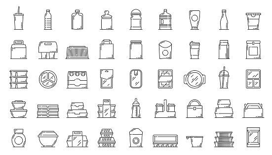 Plastic food containers and package icons. Fast food meal and drinks delivery disposable containers and boxes, water, milk and sweet beverages bottles, preserves, cosmetics products packaging icons