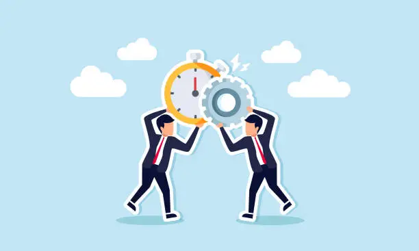Vector illustration of Efficiency boosts productivity, optimizing resources and time, concept of The businessman merges clock timer with gear cog for efficiency