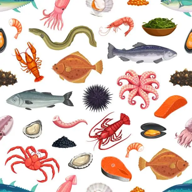 Vector illustration of Cartoon fish and seafood animals seamless pattern