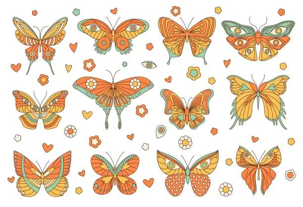 Vector illustration of Groovy hippie butterfly isolated retro insects set
