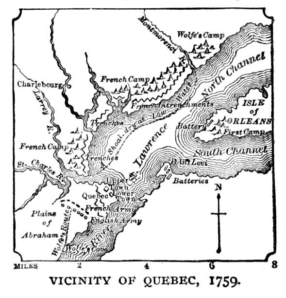 Map of Quebec, Canada, 1759, 18th Century Canadian History Quebec, Canada map, 1759. Illustration published 1895. Copyright expired; artwork is in Public Domain. colonies map stock illustrations