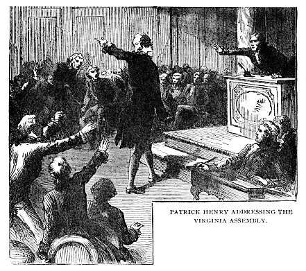 US Founding Father Patrick Henry (May 29, 1736 - June 6, 1799) as first governor of Virginia, addresses the Virginia Assembly, Colonial America. Illustration published 1895. Copyright expired; artwork is in Public Domain.