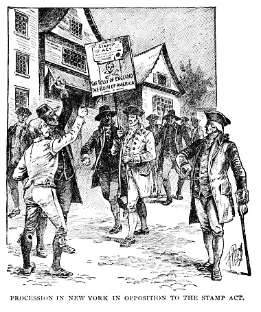 Colonists protested the Stamp Act during the American Revolution in New York, from 1765. Illustration published 1895. Copyright expired; artwork is in Public Domain.