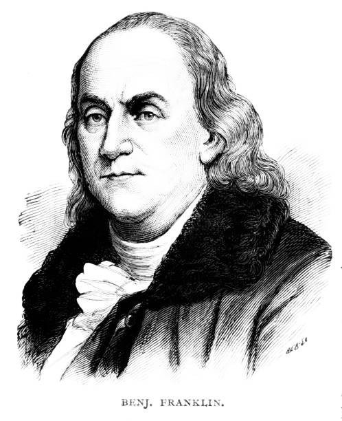 벤자민 프랭클린 초상화, 미국 건국의 아버지, 18세��기 미국 역사 - benjamin franklin history american culture portrait stock illustrations