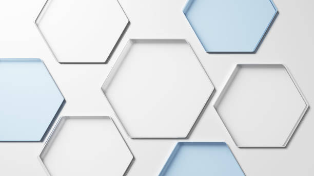 istock 3D Illustration.Blue and transparent hexagonal glass on white background. Overhead view.  (horizontal) 2100593308