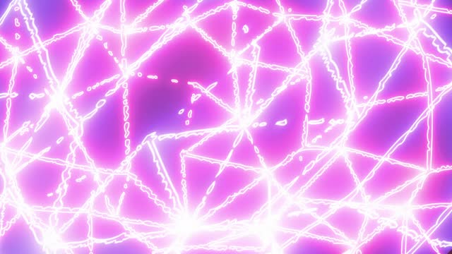 Flickering neon light shapes randomly appear on a dark background, forming a mesmerizing irregular grid looking like a barbed wire, amidst intense pink and blue hues.