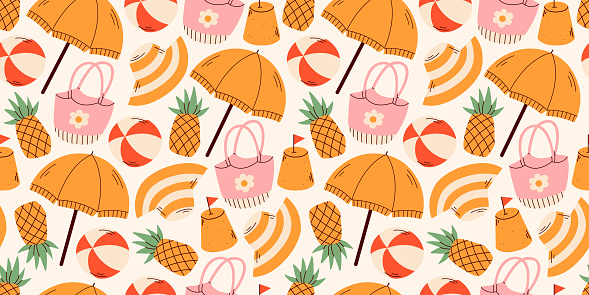 Vector pattern with yellow umbrellas, sand castle,ball, and pineapple. Summer seamless pattern. Fashion print design, vector illustration. It is suitable for social networks, banner design and web.