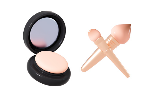 Pressed powder, cosmetic brush, lipstick and so on makeup tools, 3d rendering. 3d illustration.