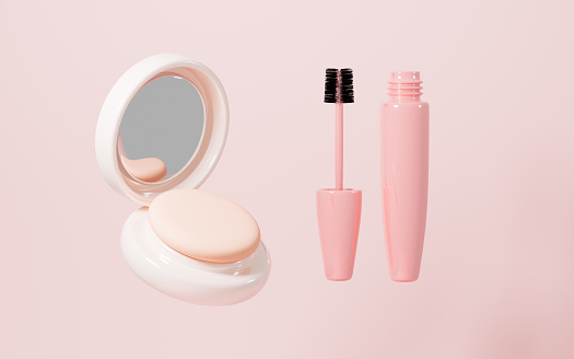 Pressed powder, mascara cream makeup tools, 3d rendering. 3d illustration.