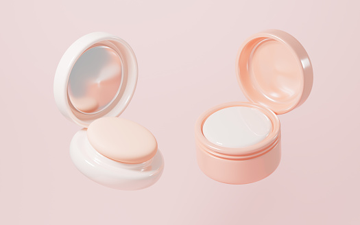 Pressed powder and face cream, makeup tools, 3d rendering. 3d illustration.